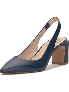 Women's Deep Navy Blue Pointed Toe Solid Hamden Slingback Pump Block Heel Shoes